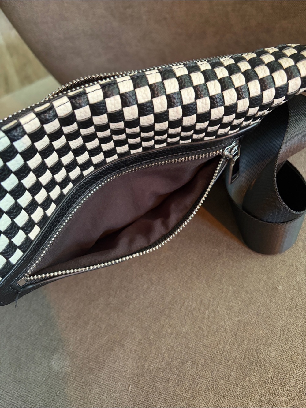 Checkered Black and White Crossbody Bag with Adjustable Strap - Picture 4 of 4